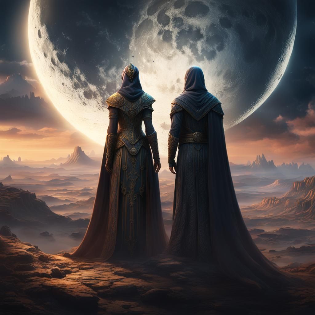 Moon Goddess with Mysterious Man in Ethereal Landscape