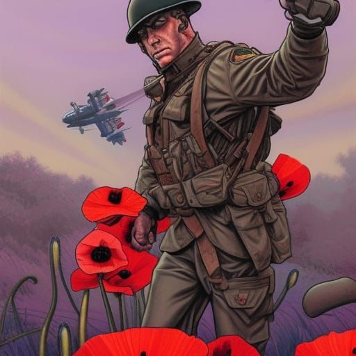 Fighter Jet Over Poppy Field: Comic Book Art