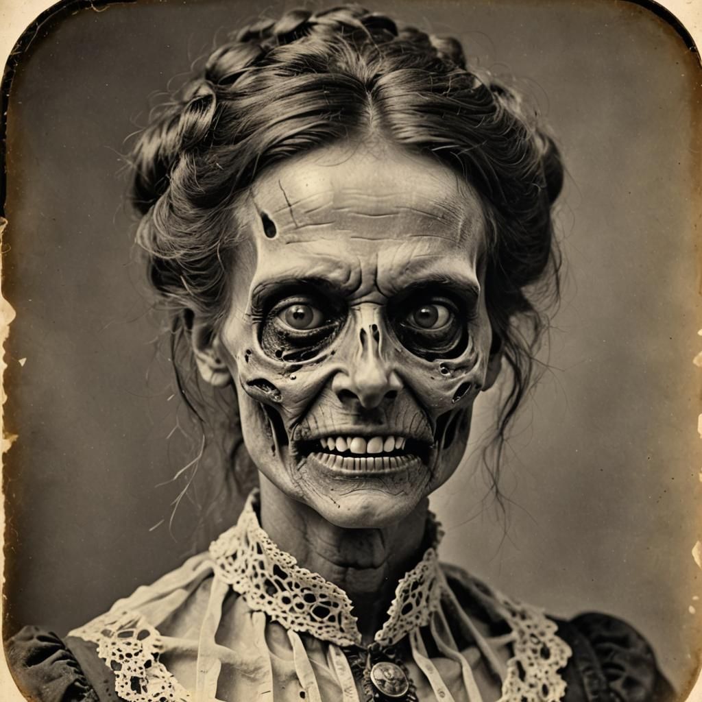 Woman, decaying skeletal facial features, dark circles under...