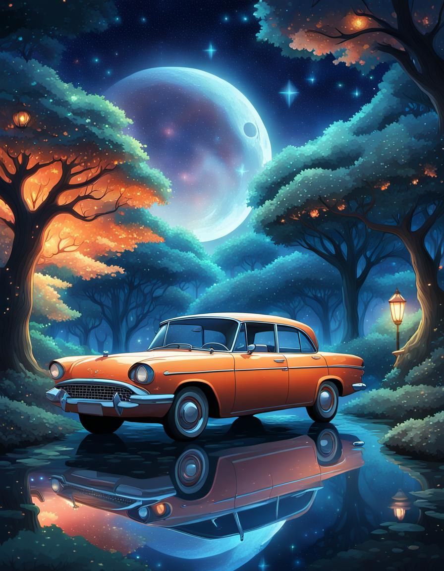 Anime-Style Night Scene with Glowing Trees