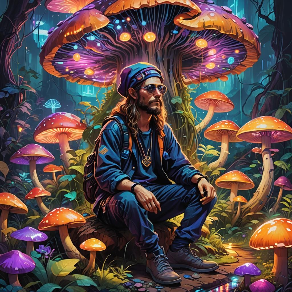 Hippie Hacker on Glowing Mushroom, Fantasy Art