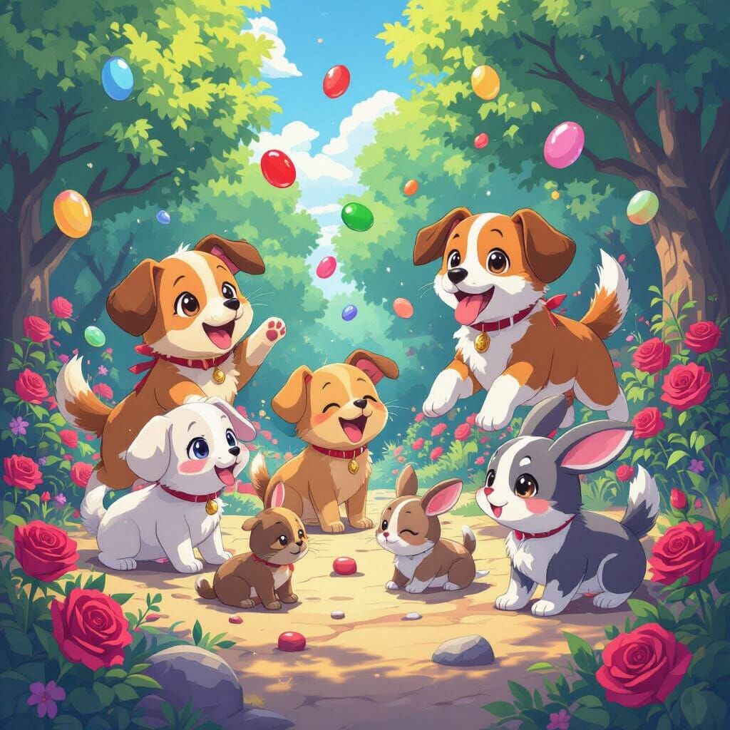 Vibrant Anime Scene: Jumping Jellybeans, Bouncing Balls, and...