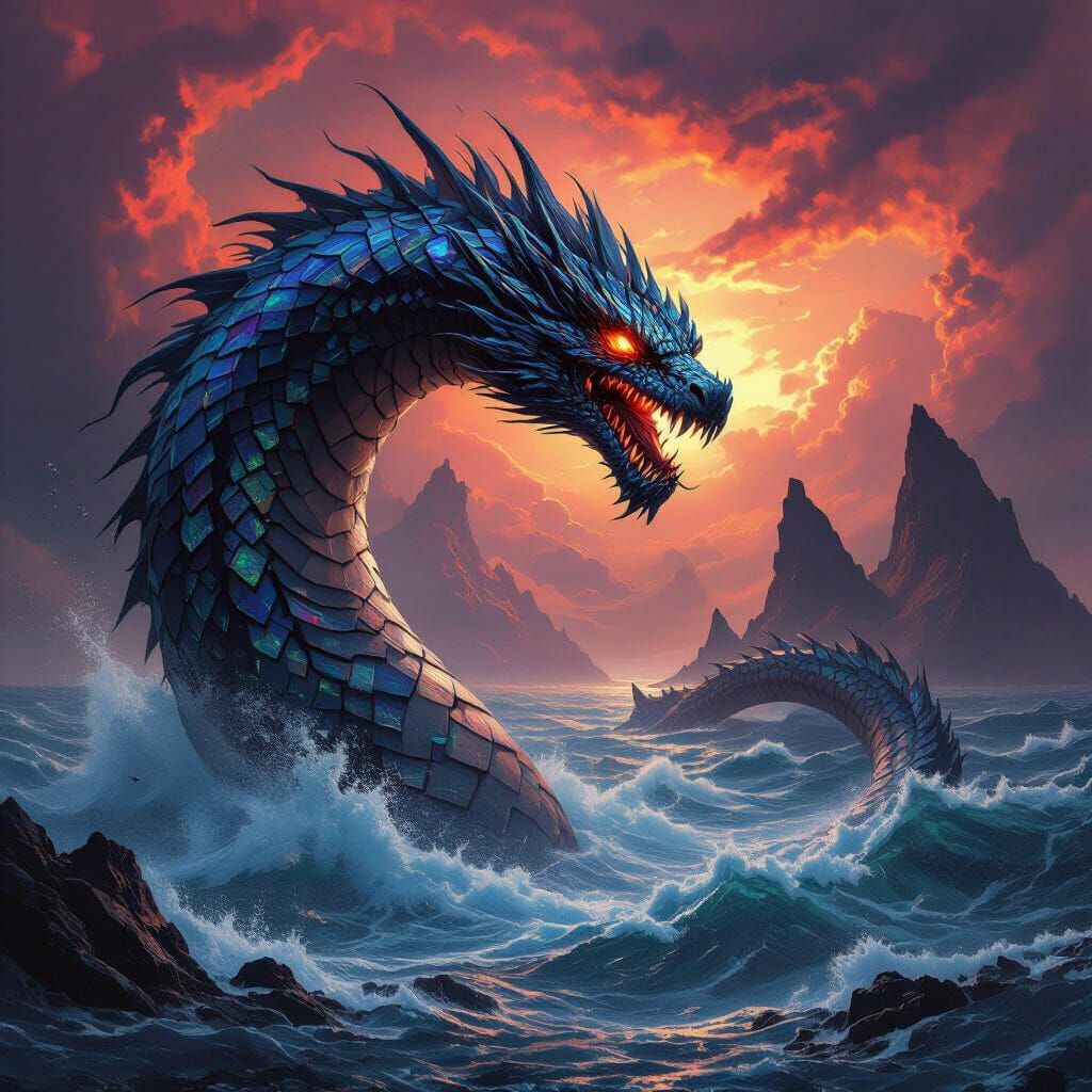 Obsidian Sea Serpent Rises From Crimson Storm