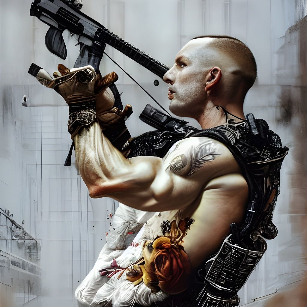 Hyperdetailed Testosterone God Flexing with Firearms