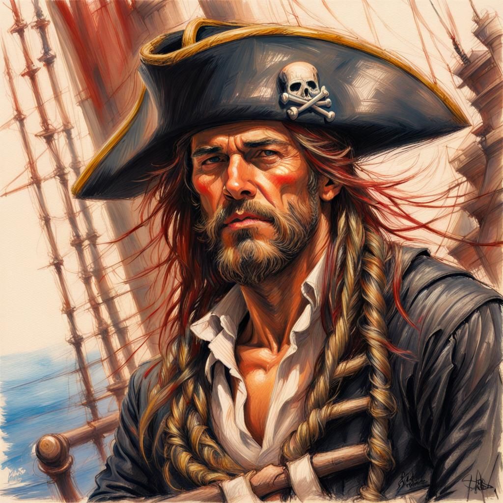 Pirate King Portrait in Impressionistic Colored Pencil Style