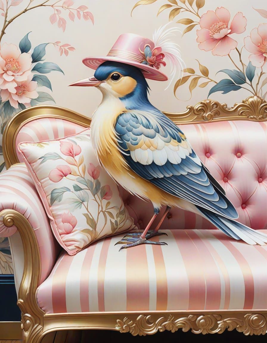 Chinese Silk Painting: Quirky Bird in Ornate Room