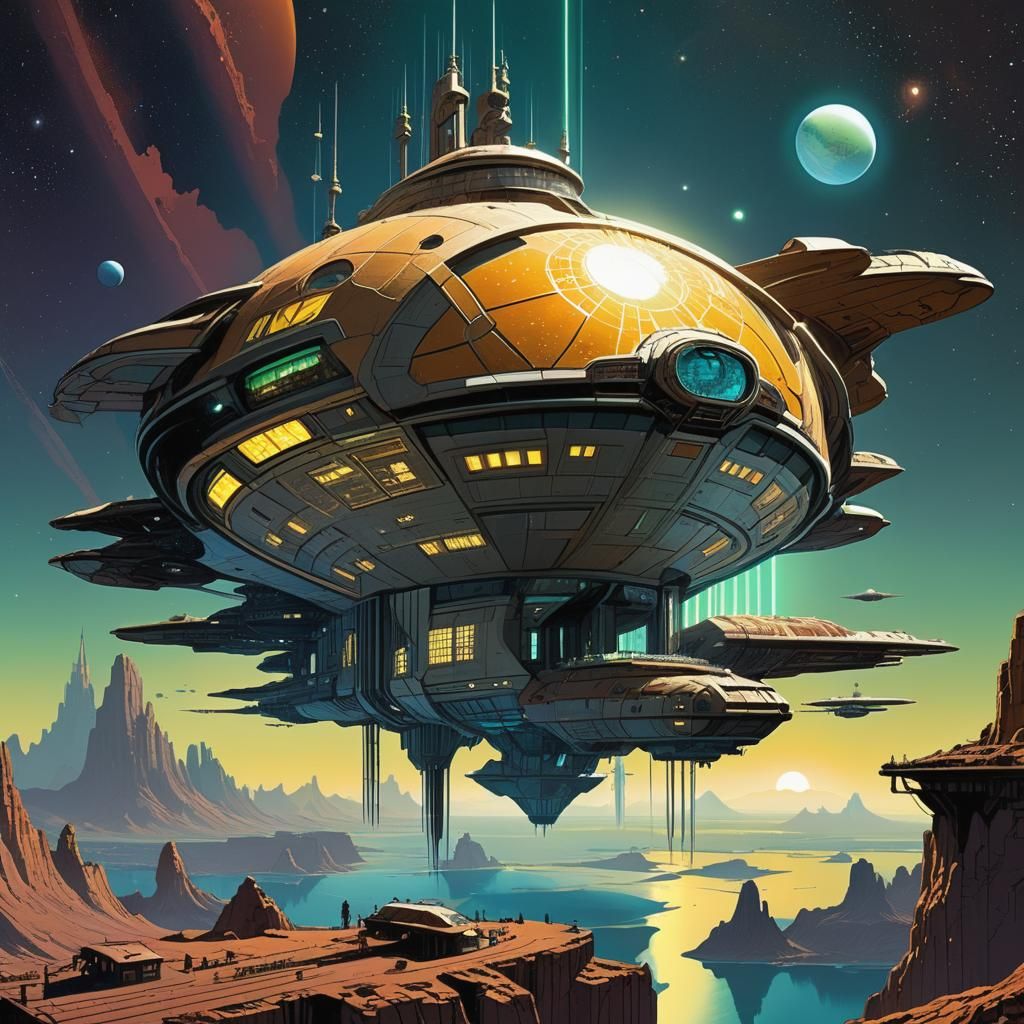 Solarpunk Starship Descends in Art Deco Style