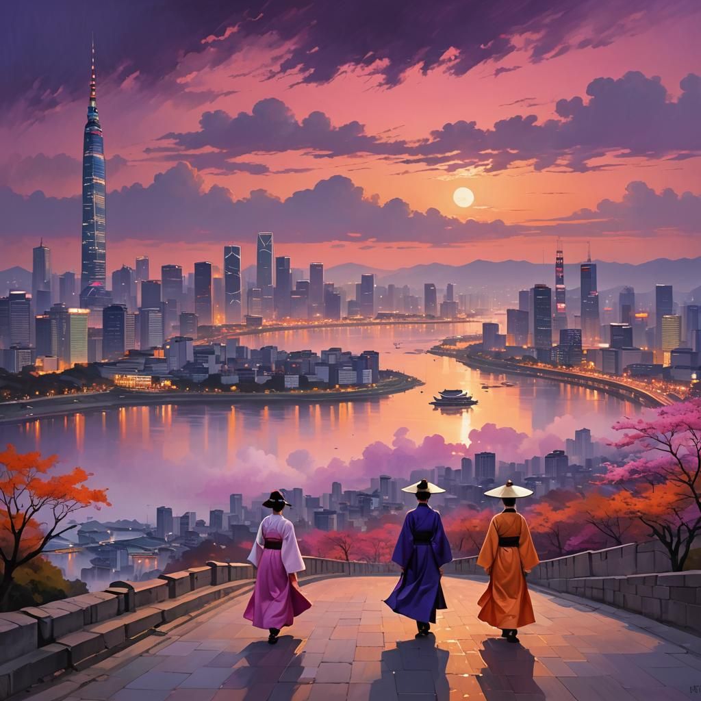 Seoul at Dusk: Anime-Inspired Cel-Shaded Cityscape
