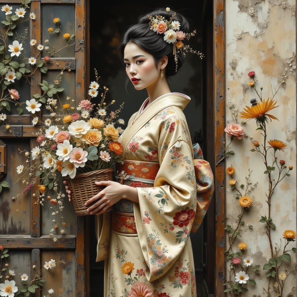 Elegant Woman in Floral Kimono Before Abstract Door