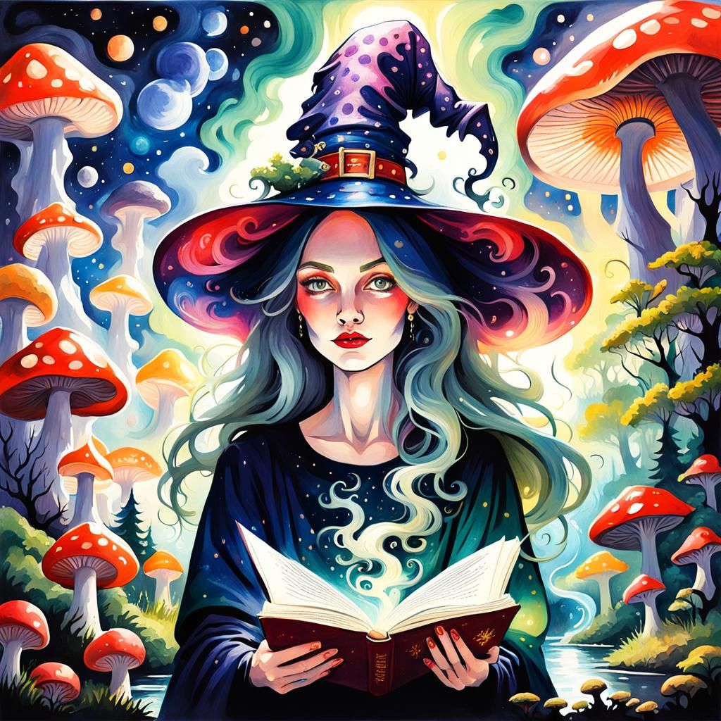 Ethereal Witch Reading in a Magical Forest, Gouache Style