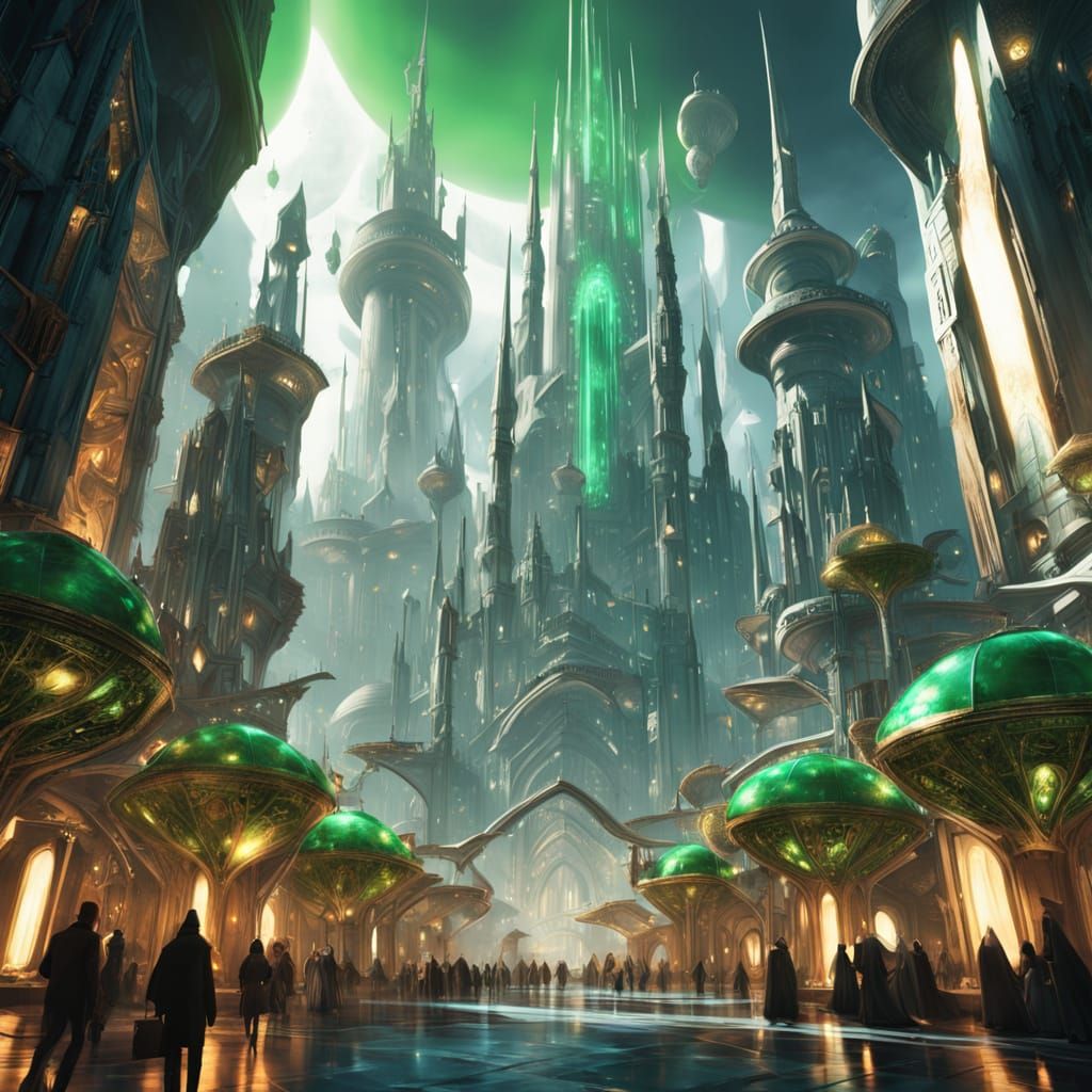 Futuristic Emerald Metropolis in Vibrant Concept Art Style