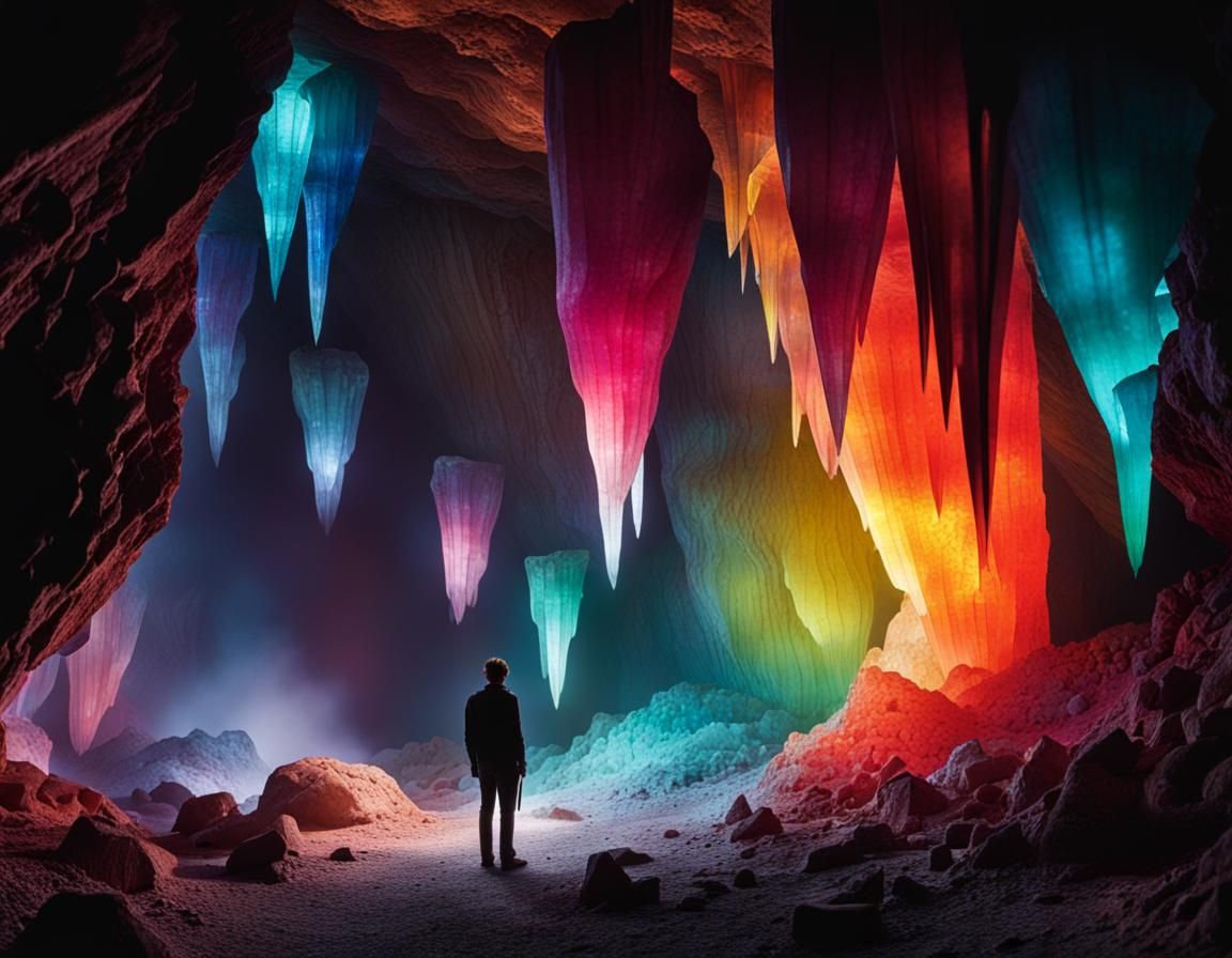 Colorful Crystals Illuminate Dark Cave Cavern