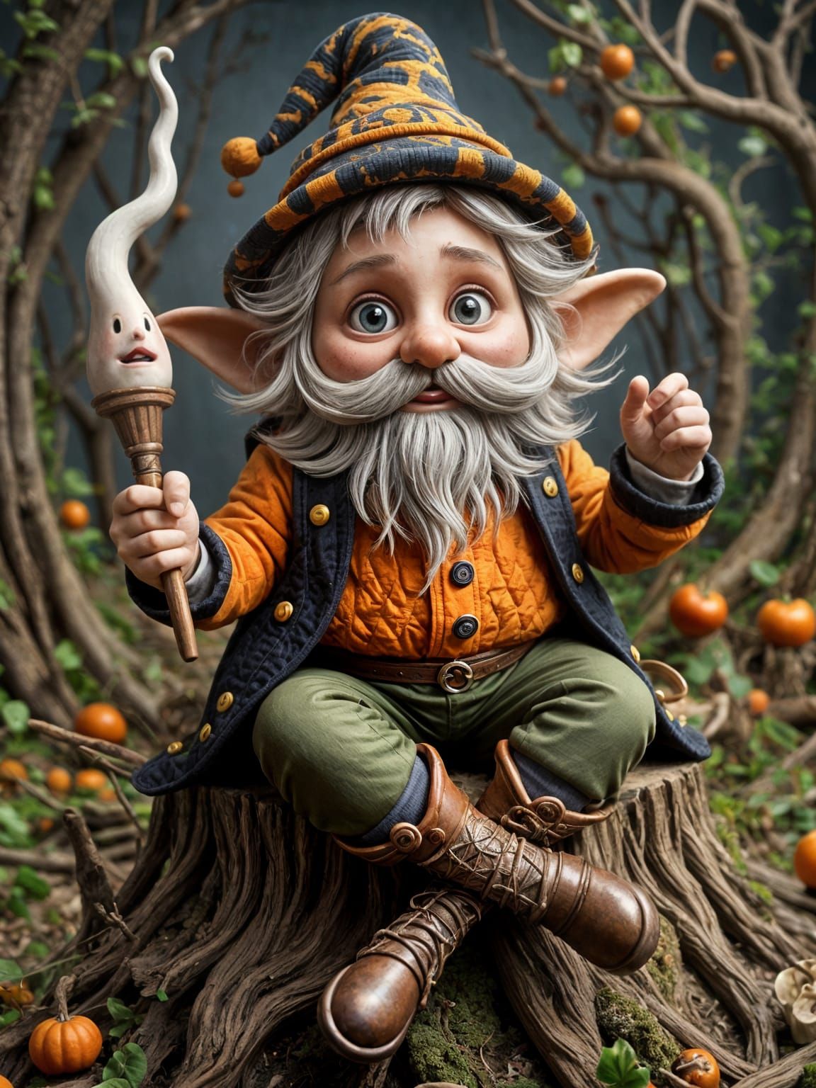 Whimsical Gnome with Ghostly Smoke on Halloween Stump