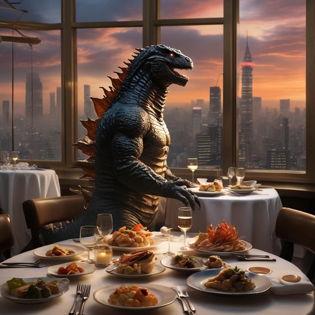 "Godzilla's Grand Soiree"
In the bustling city of Tokyo, where the skyline kissed the clouds and neon lights painted t...