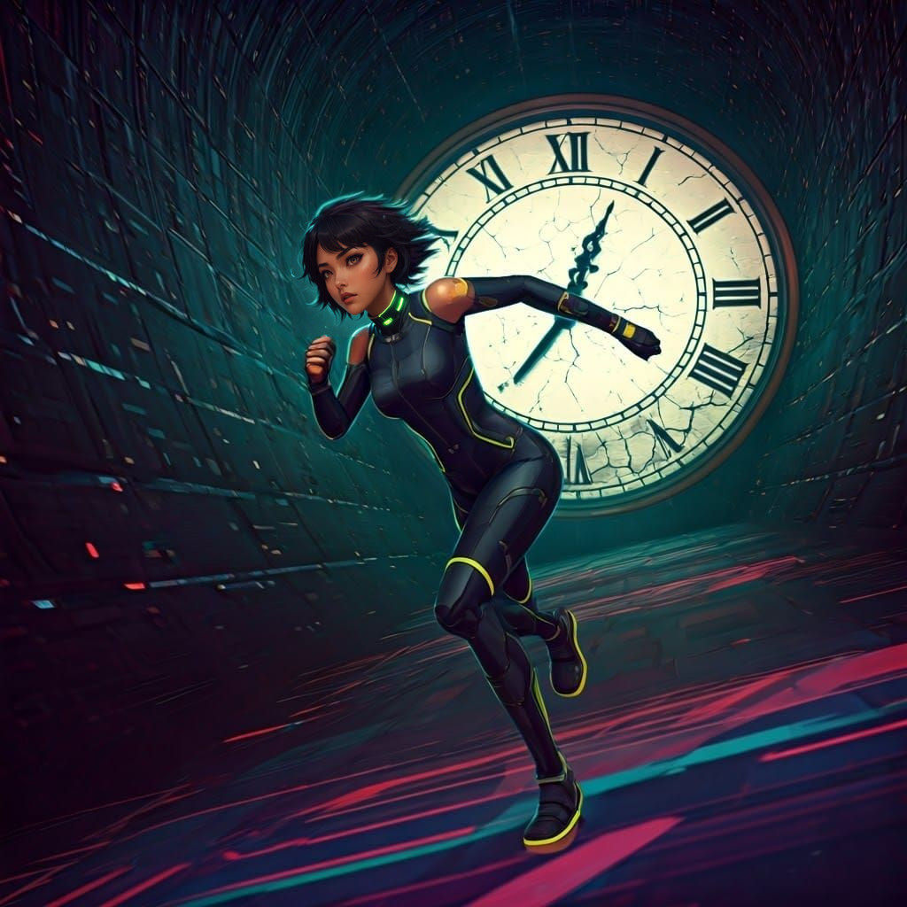 Anime Woman Runs Through a Glitched Clock Tower