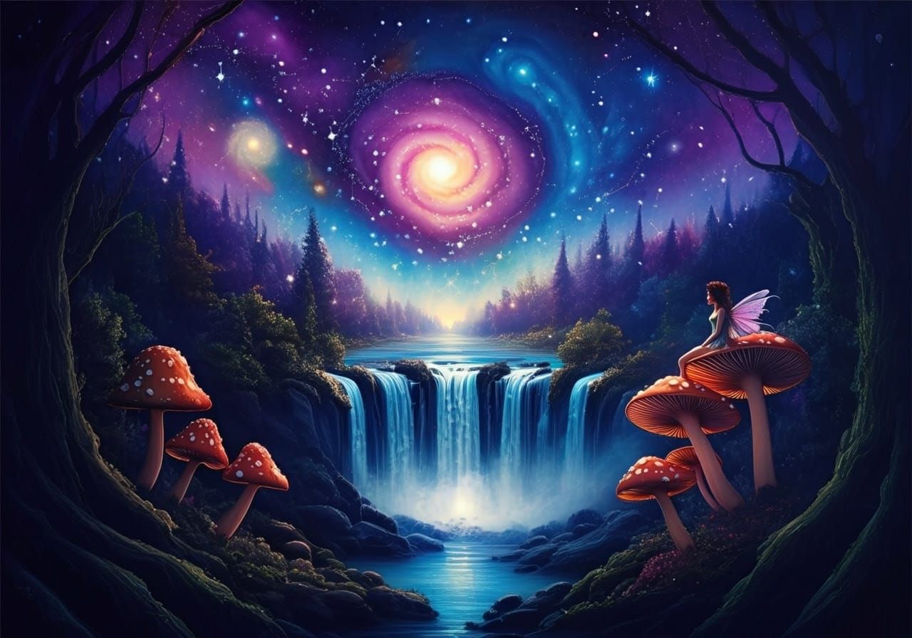 Majestic Bioluminescent Waterfalls in a Cosmic Fairy Forest