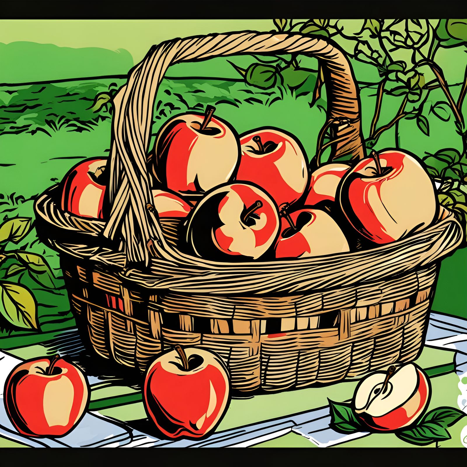 Apple Picnic: Colorful Digital Line Art