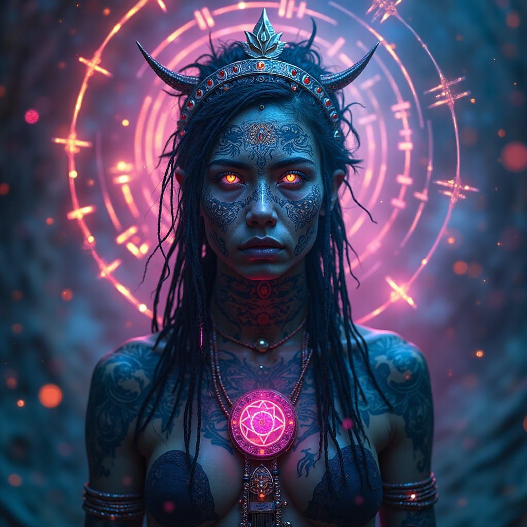Cyberpunk Shaman Portrait with Mayan Symbols