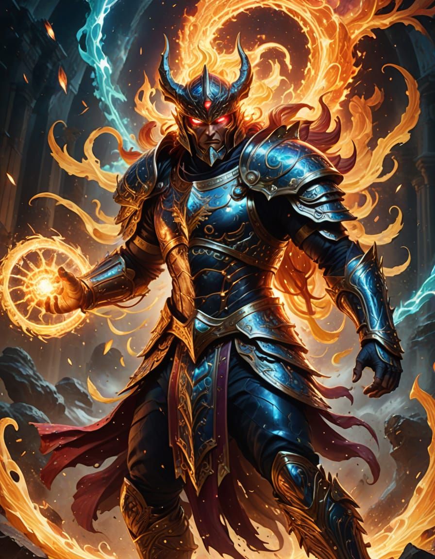 Divine Warrior Battles Demon in Cosmic Vortex