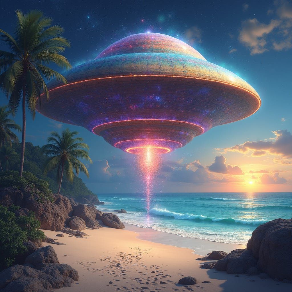 Golden Spiral UFO Radiates Cosmic Energy on Tropical Beach