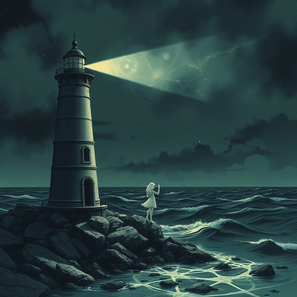Lighthouse Against Cosmic Storm With Spectral Showgirl