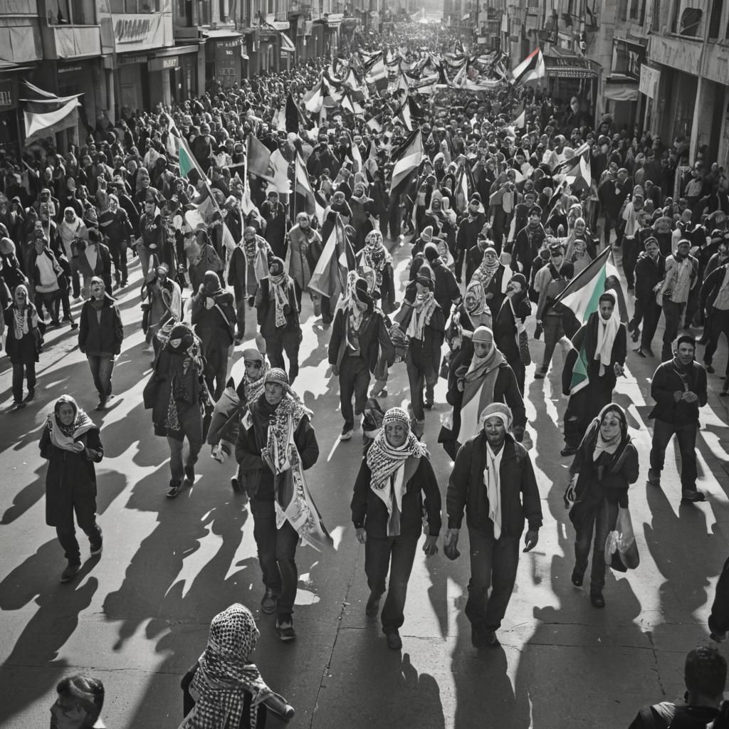 Street Protest with Palestinian Flags in Monochromatic Palet...