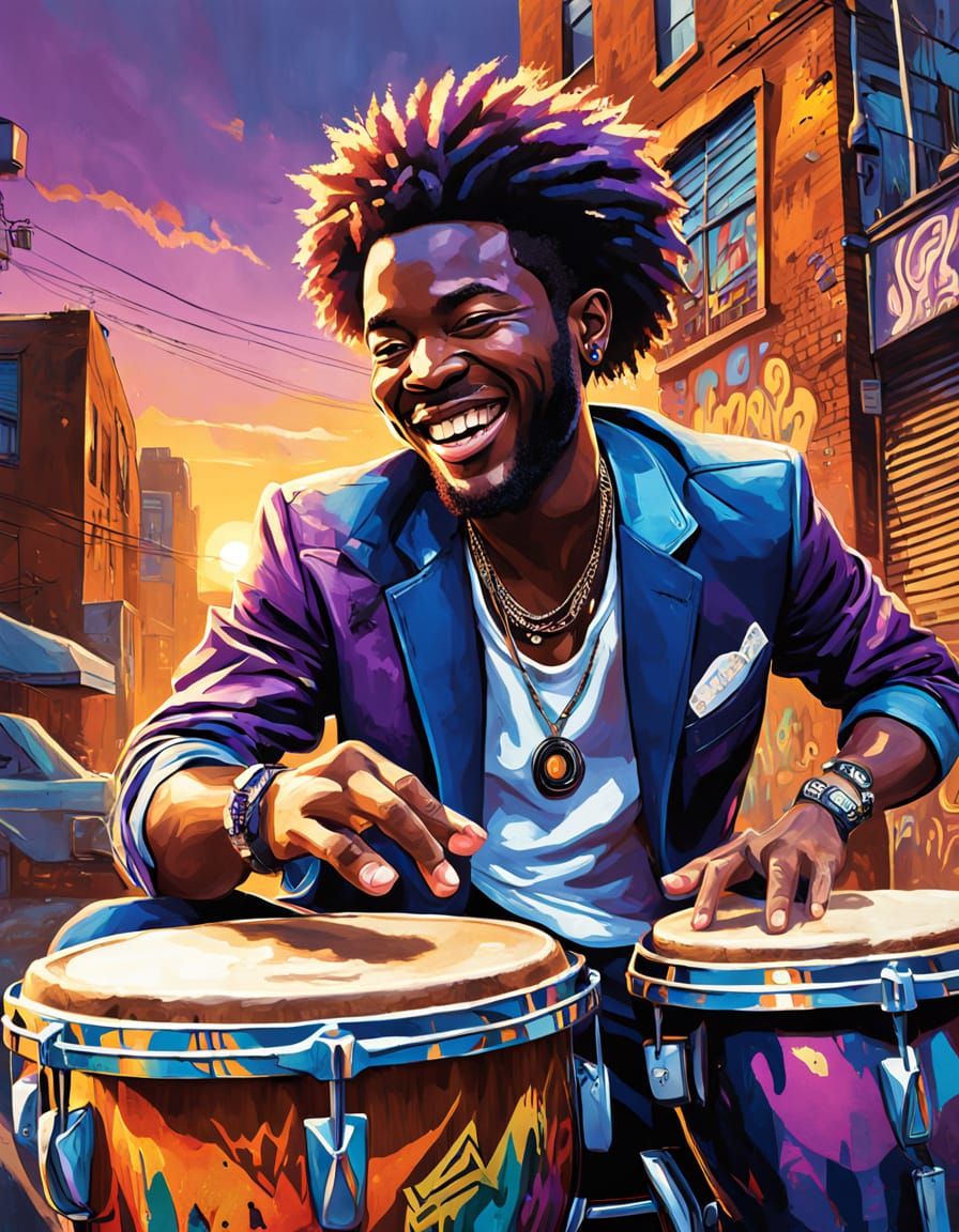 Vibrant Afrofuturist Bongo Player in Urban Oasis