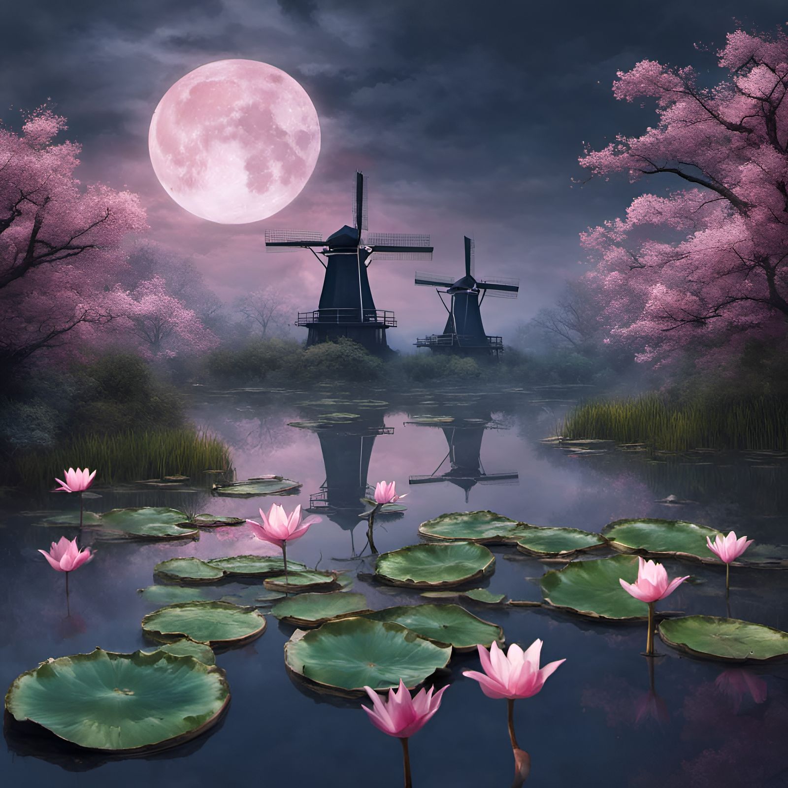Windmills on Lily Pads: A Fantasy Oil Painting