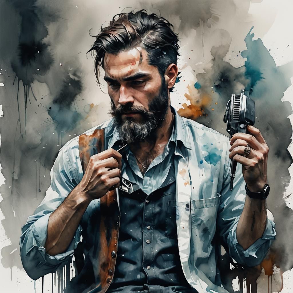 Watercolor Barber with Clippers in Alcohol Ink Style