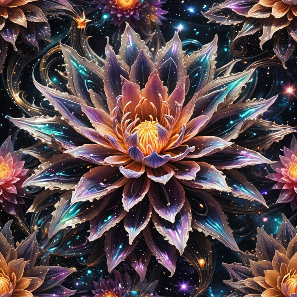 Exotic Flower Blooms in Neon Cosmic Digital Art