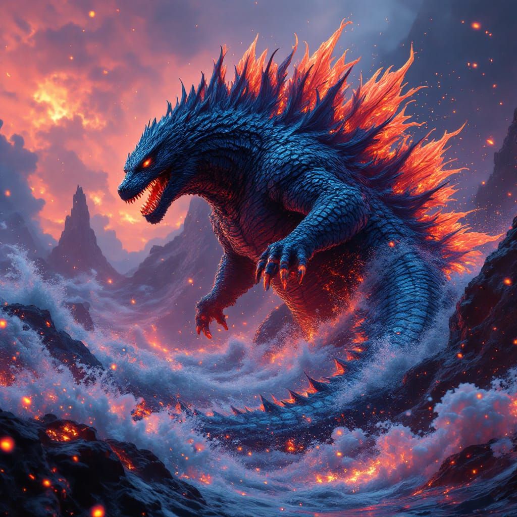 Godzilla's Lava Journey: A Detailed Digital Painting