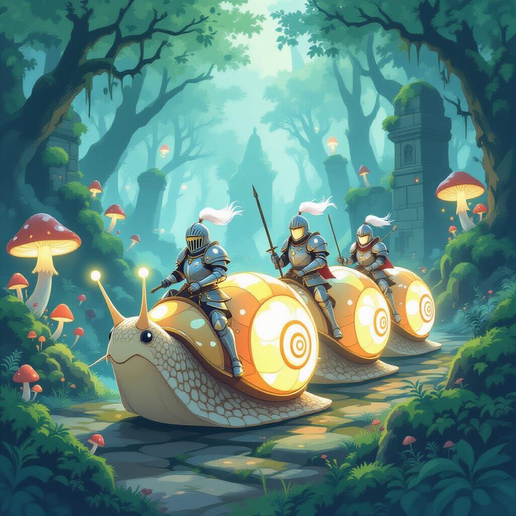 Knights on Bioluminescent Snails in Enchanted Forest