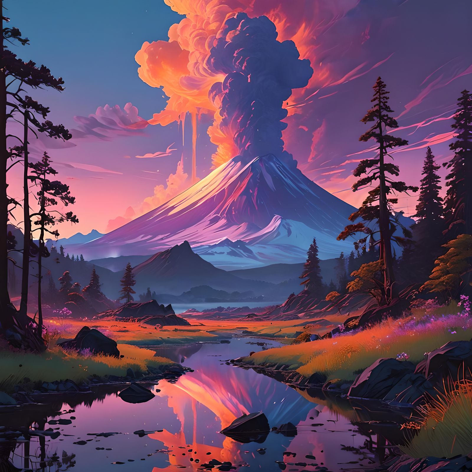 Mythical Volcano Eruption: Shimmering Iridescent Light