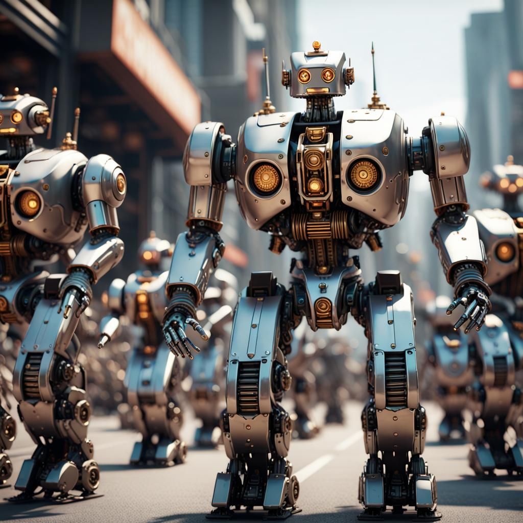 Robot Army Parade in Cinematic Sci-Fi Style