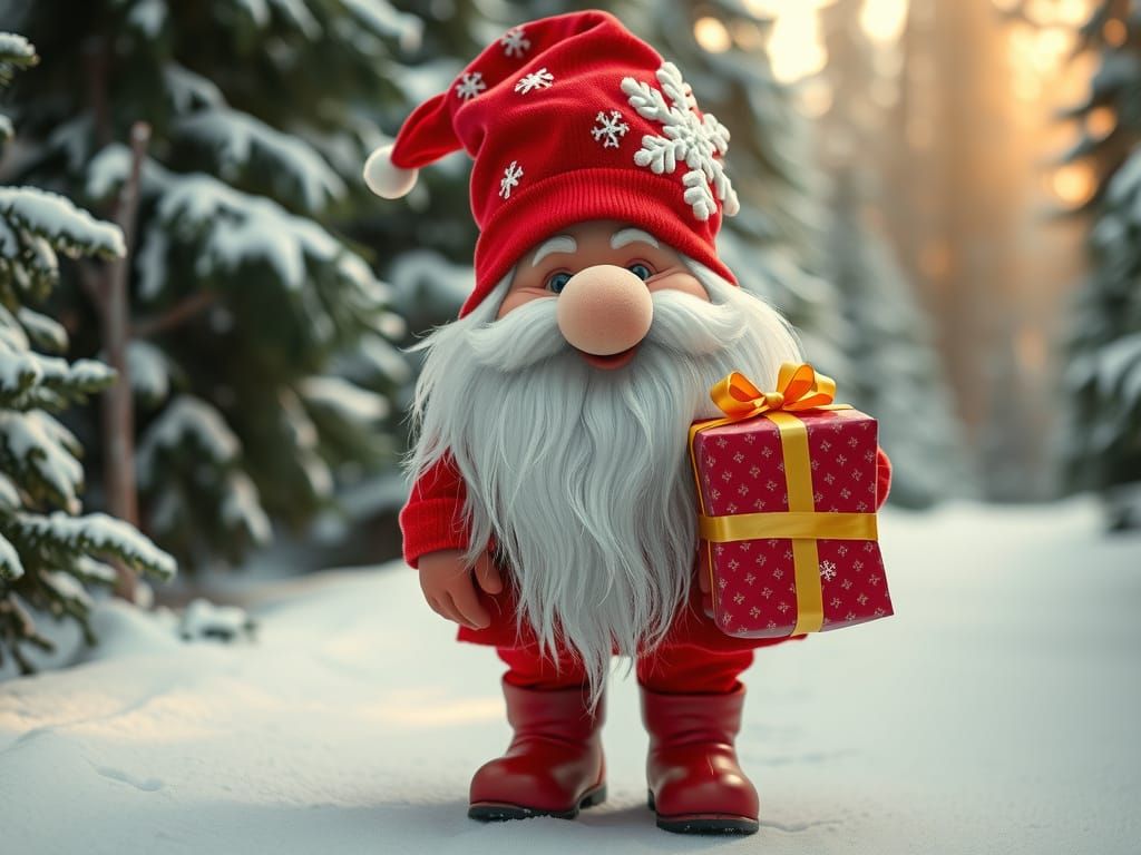 Christmas Gnome Holding Gift in Snowy Forest