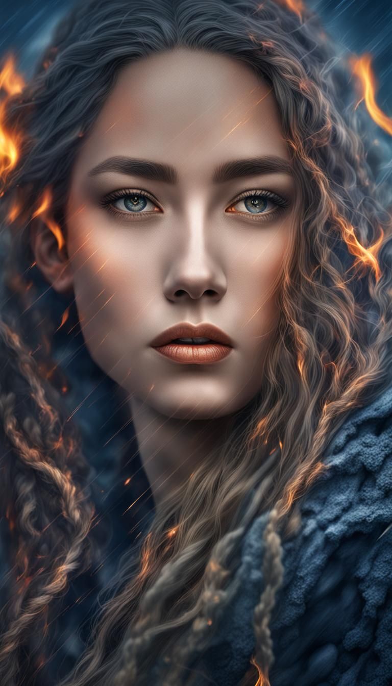 Fiery Goddess of Storms: Hyperrealistic Woman Portrait