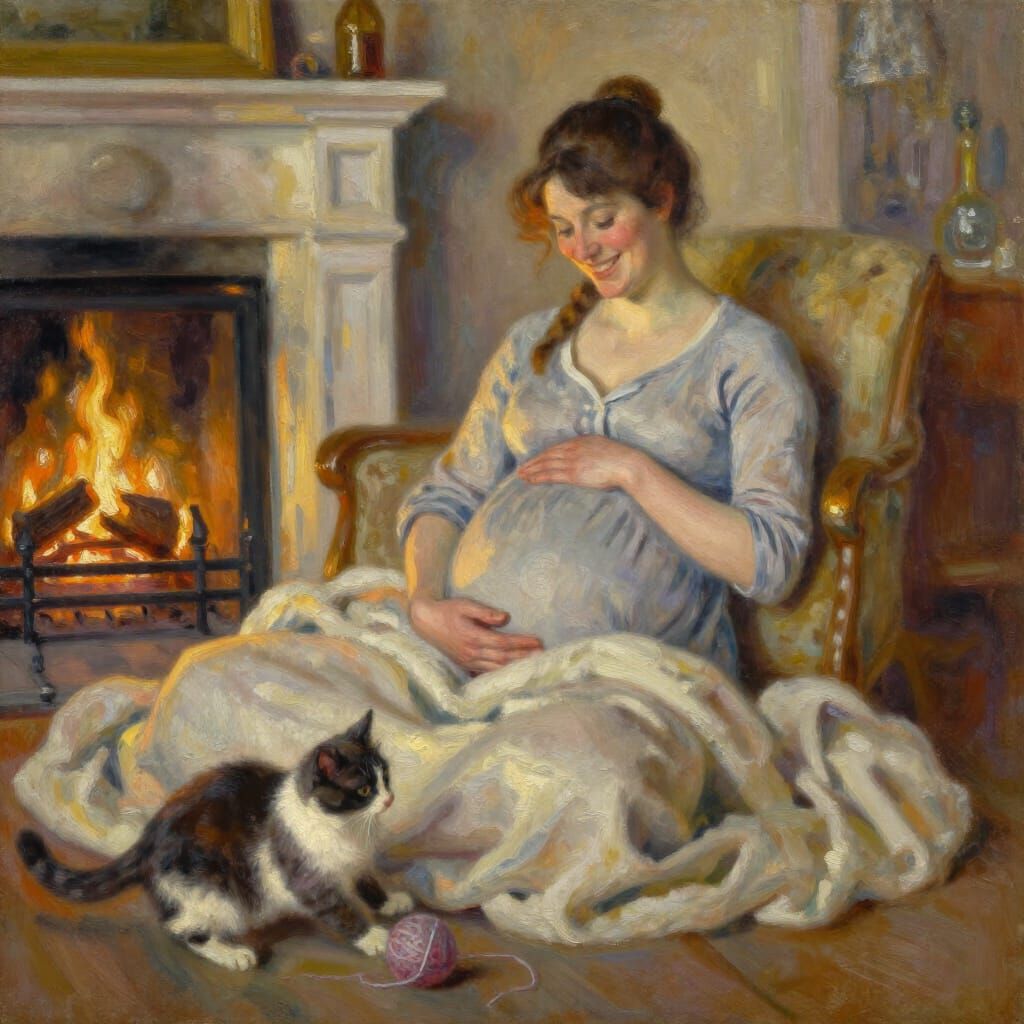 Impressionist Oil Painting of Pregnant Woman and Cat