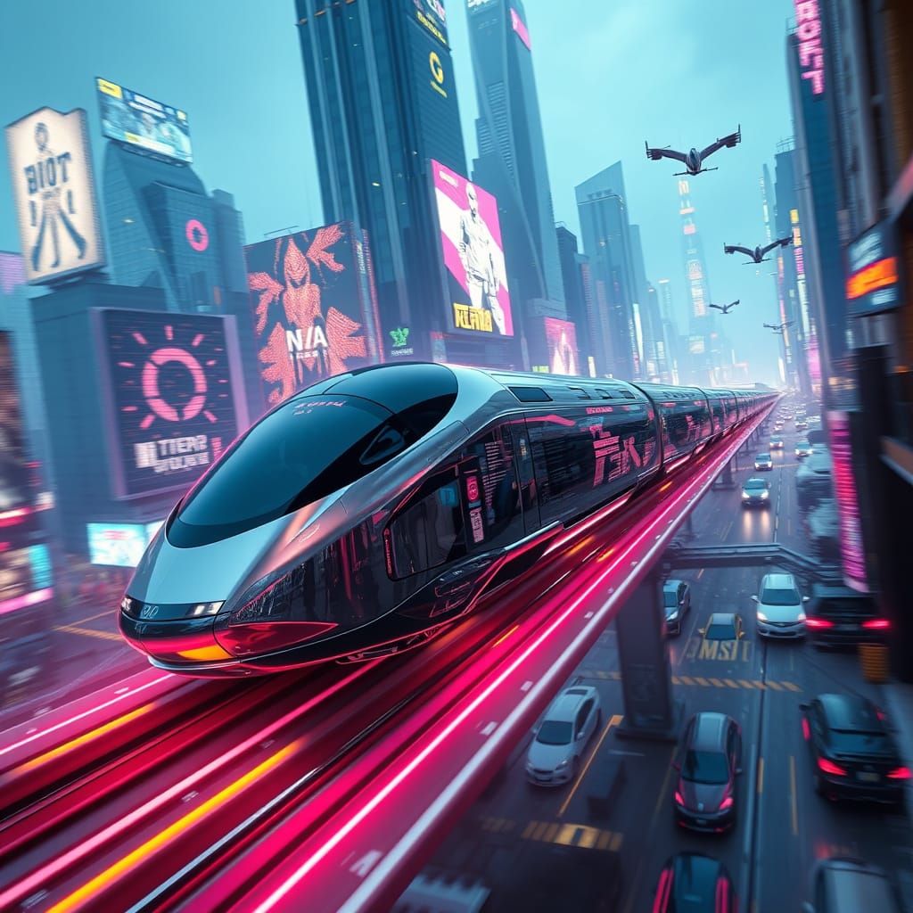 Futuristic Maglev Train Zooms Through Neon Cyberpunk City