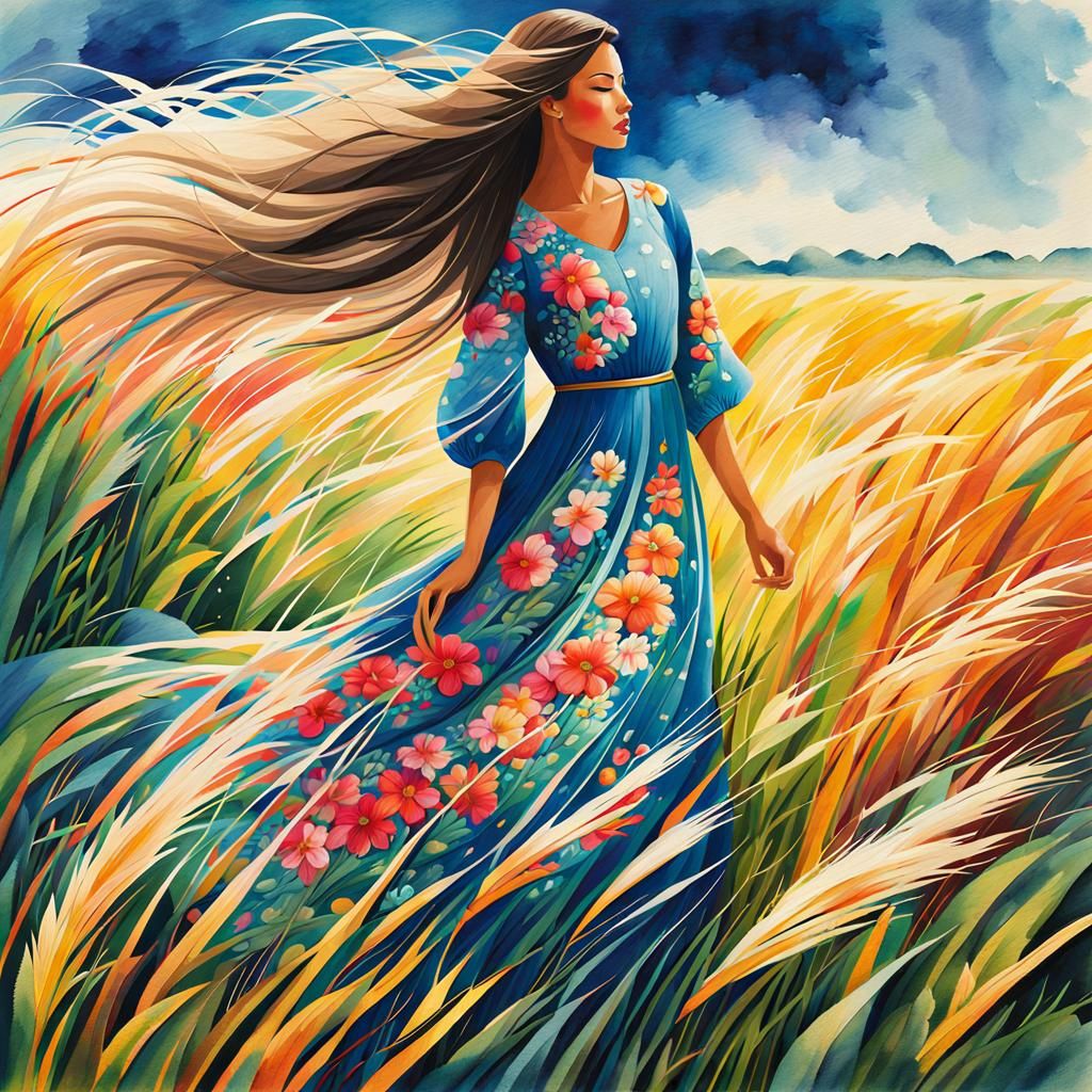 Windy Day in Field: Watercolor Illustration