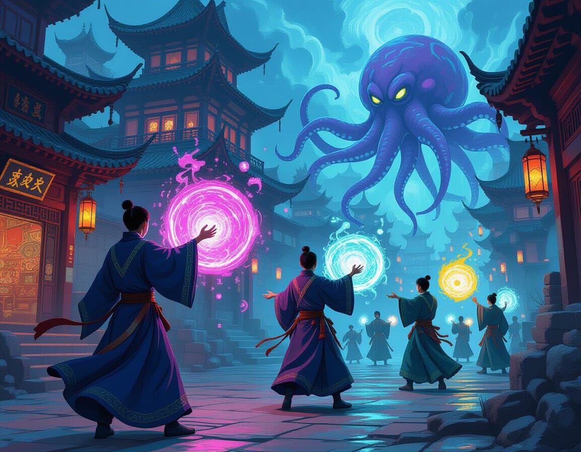 Mages Defend Mystical City from Tentacled Monsters
