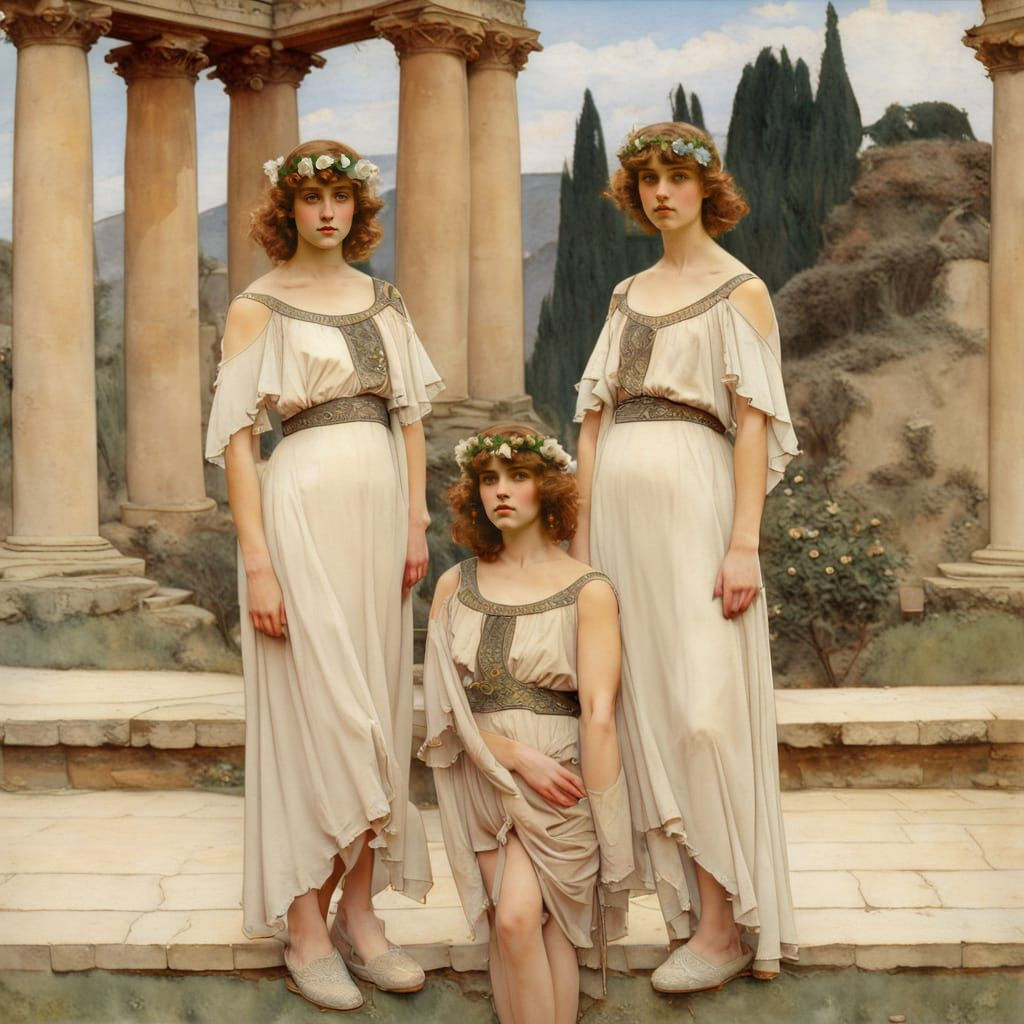 Elegant Young Women in Roman Temple Courtyard, Art Nouveau S...