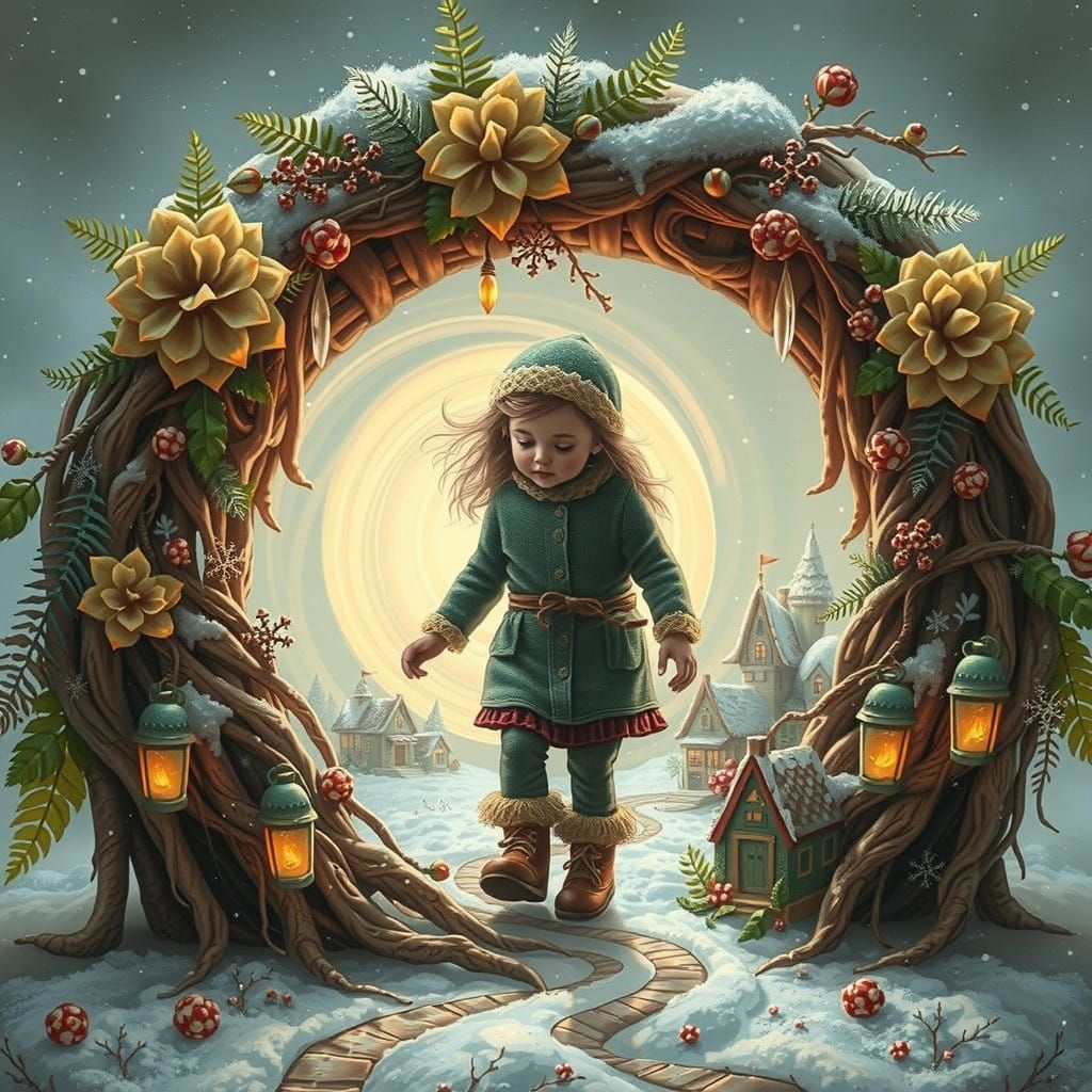 Whimsical Child Enters Glowing Wreath Portal