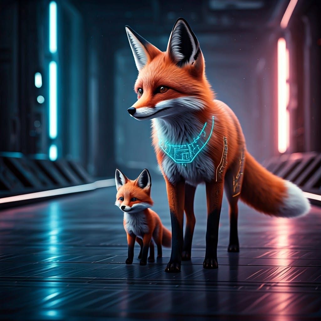 Sci-Fi Fox Family Stroll in Cyberpunk Cityscape