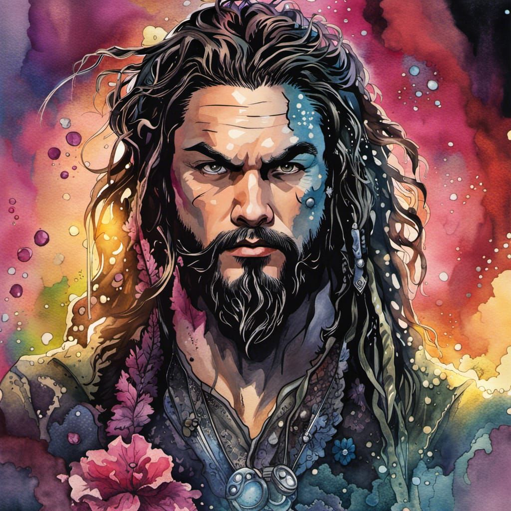 Cyberpunk Jason Momoa Creature in Watercolor Style