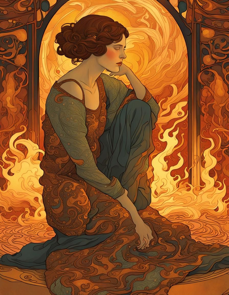Art Nouveau Woman Gazing into Flames