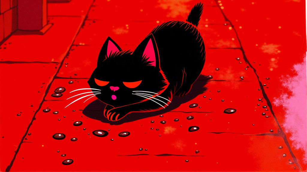 Cartoon Cat Singing in Rainy City Street