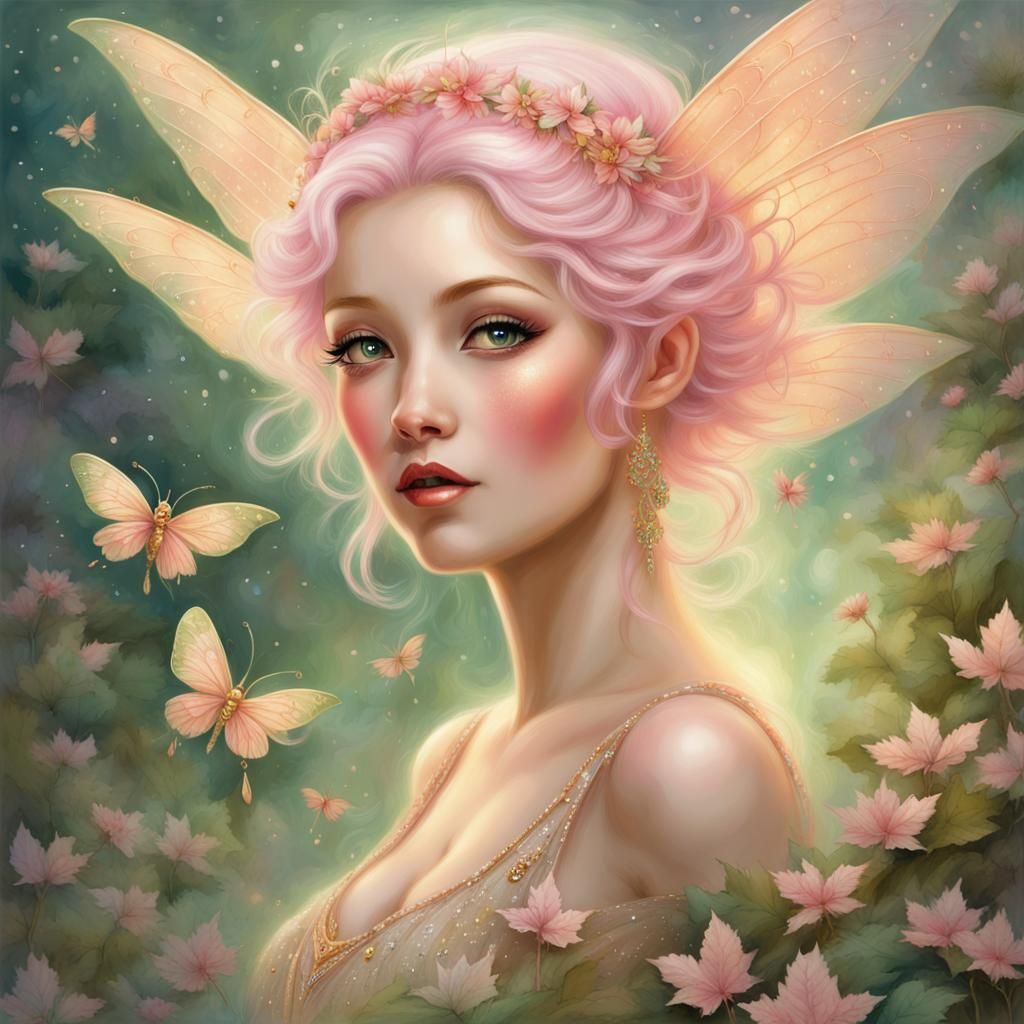 Rosy Maple Moth Fairy Queen in Ethereal Style