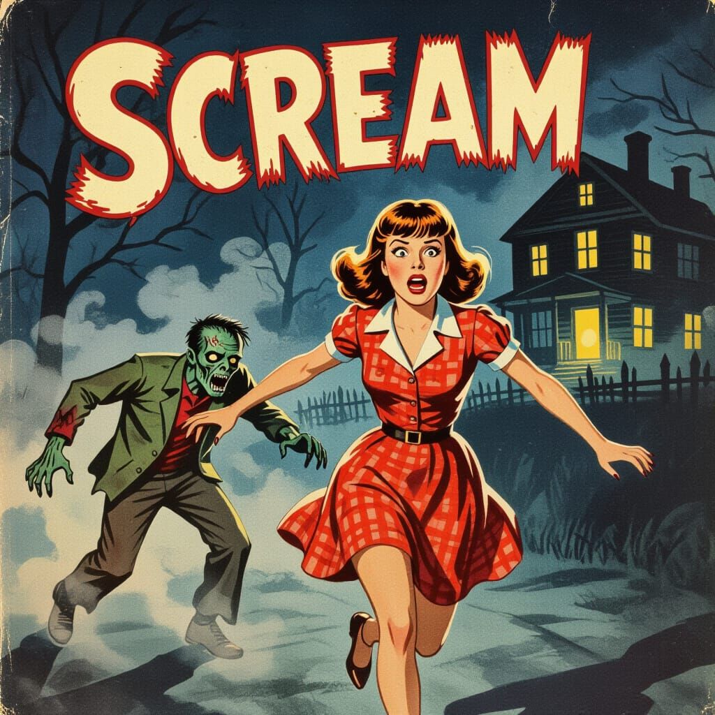 Vintage 1950s Horror Movie Poster: Woman Screams at Zombie