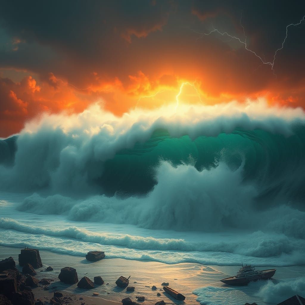 Apocalyptic Tidal Wave Crashing on Mystical Coastline