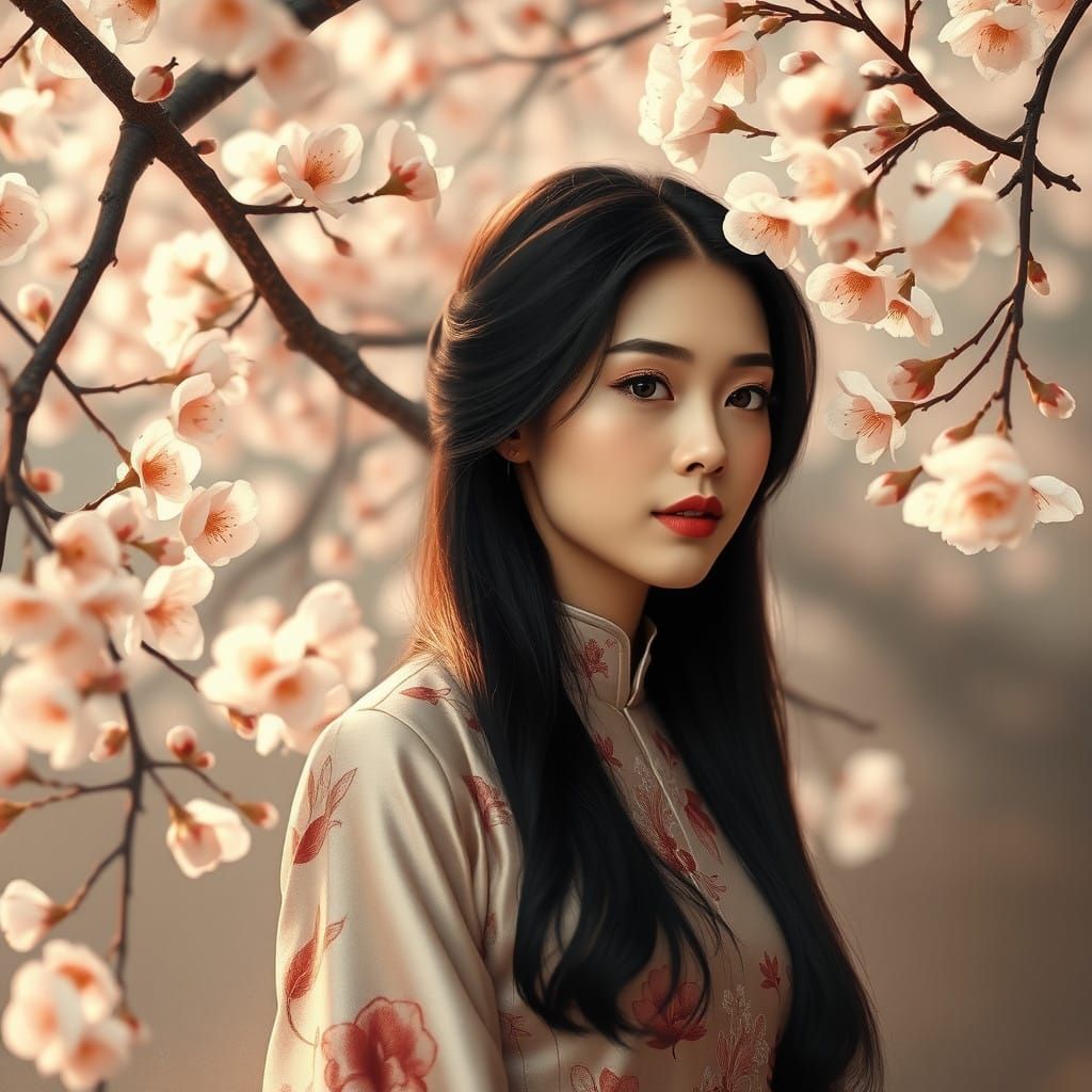 Elegant Asian Woman Amidst Cherry Blossoms in Traditional Ch...